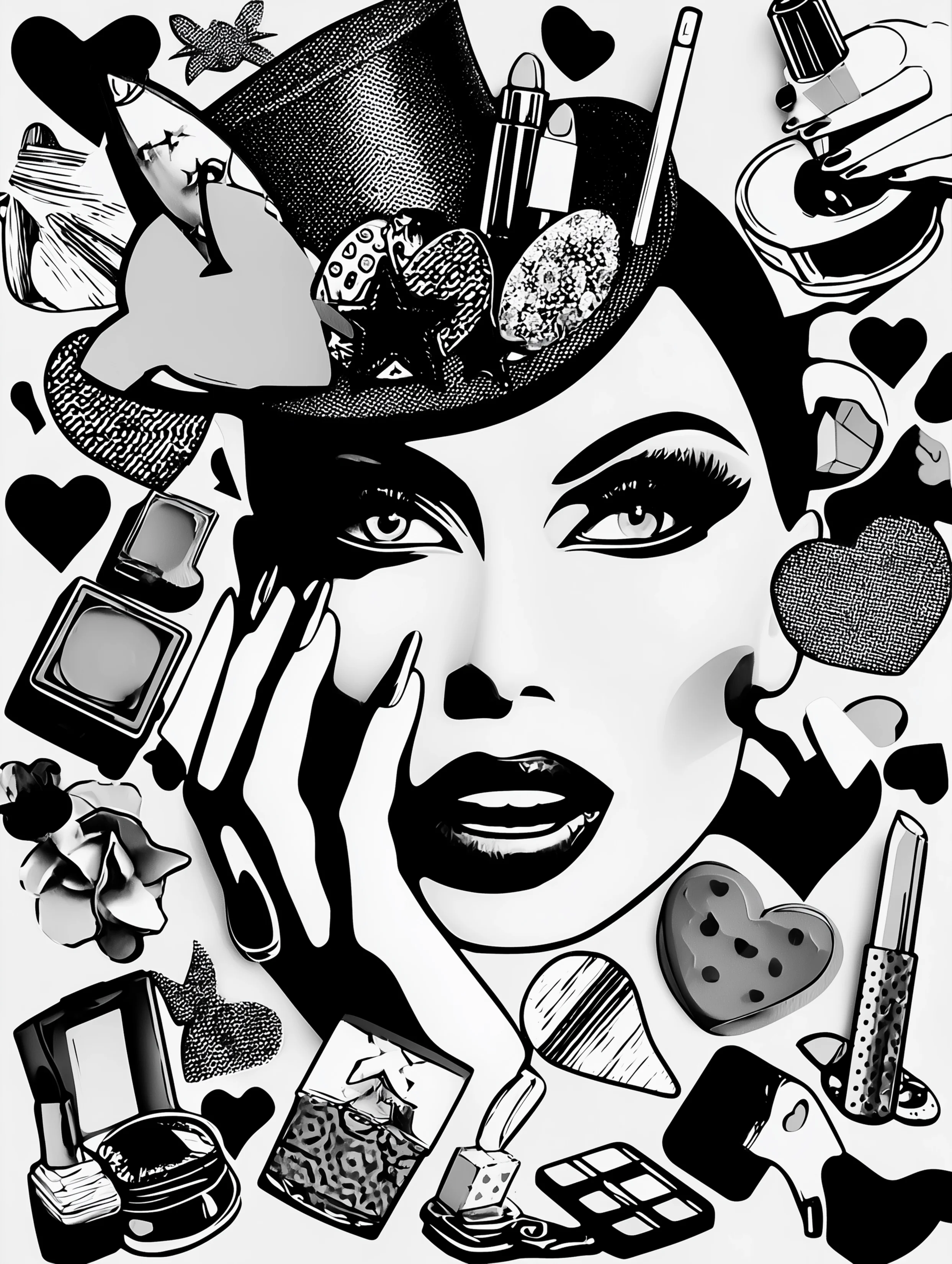 Free printable makeup coloring page for adults featuring a woman showing her nails and wearing makeup
